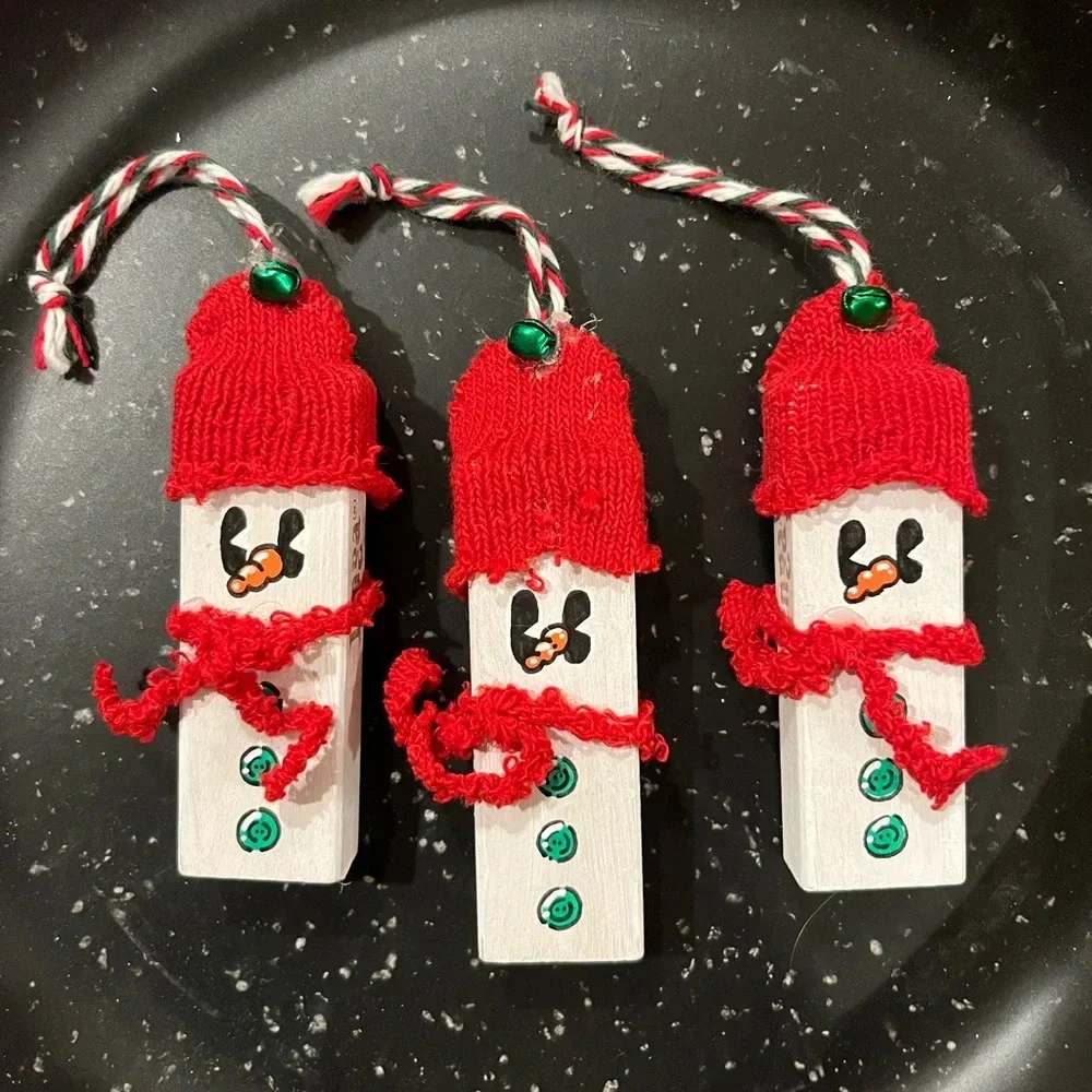 Hand Painted Snowman Ornaments Set of 3 Mini Made Friends Artist Jenga Block